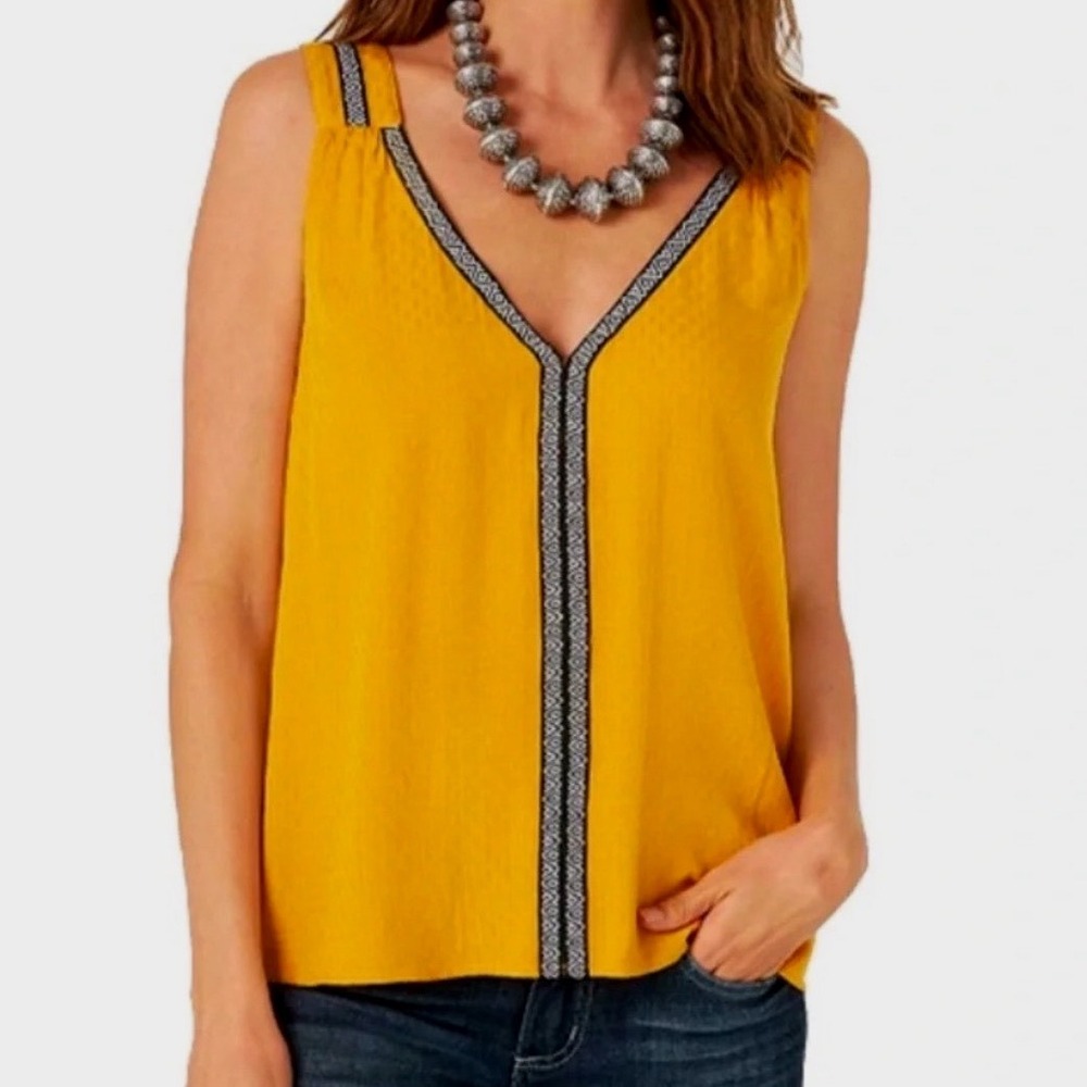 Wrangler Retro Mustard Yellow Embroidered V-Neck Tank Top XL LW2019Y Boho Rayon